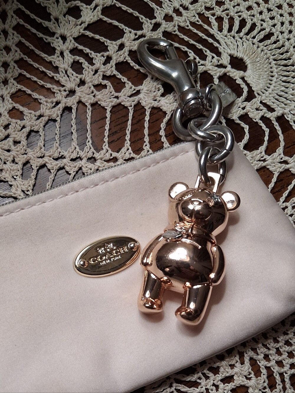 Coach Blush Pouch with Rose Gold Bear Purse Bag Charm